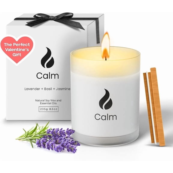 Calming Organic Soy Scented Candles with Essential Oil | Natural Candles Non Toxic |Home, Birthday, Christmas Gifts & Aromatherapy | 50 H Burning | Lavender, Basil & Jasmine, 8.5 oz
