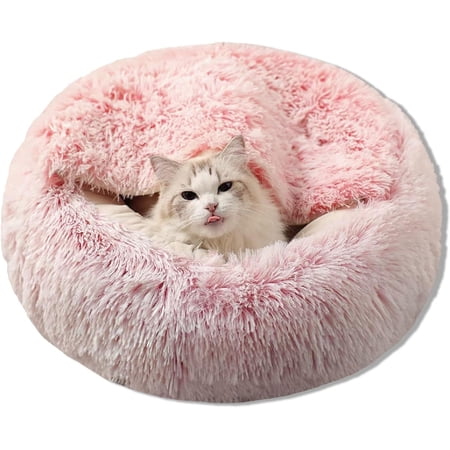 Calming Pet Beds 20inch, Dog Bed & Cat Cave Bed with Hooded Cover, Cozy, Machine Washable, Anti-Slip&Waterproof, Comfortable Self Warming Pet Bed, (Pink)