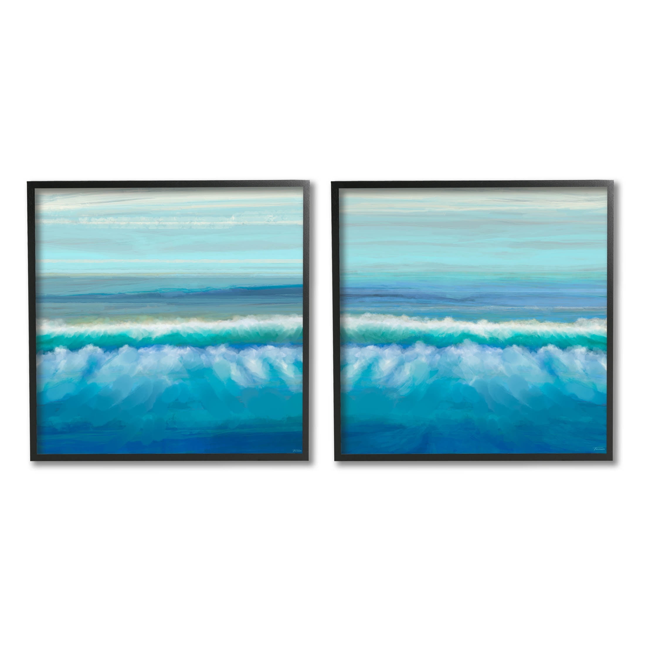 Calming Sea Waves Ocean Foam Coastal Painting Black Framed Art Print Wall Art, Set of 2