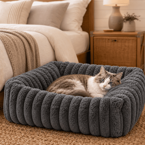 Calming Square Raised Bolster Plush Pet Bed, Gray