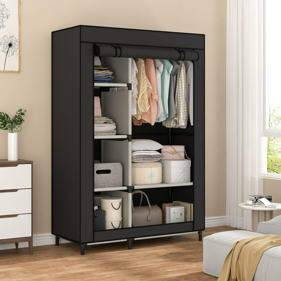 Calmootey Portable Closet Organizers, Clothing Storage, Wardrobe with 6 Shelves and Hanging Rod, Non-Woven Fabric Cover with 4 Side Pockets, Black C104