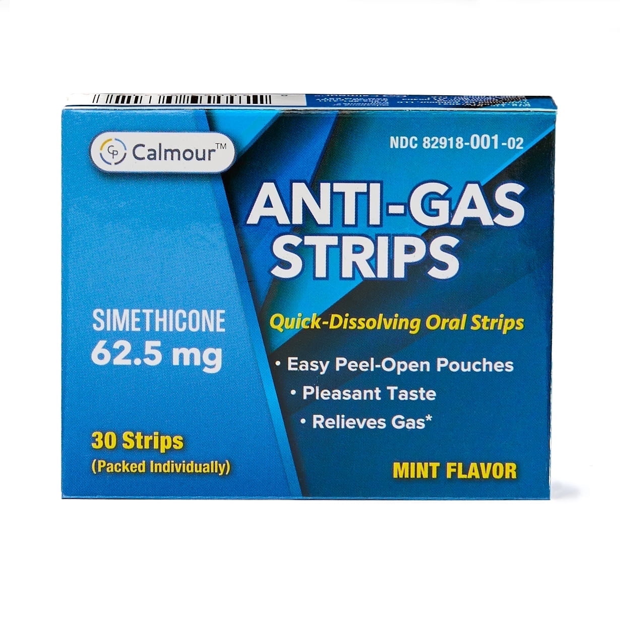 Calmour Anti-Gas (simethicone) 62.5 mg Oral Dissolving Strips, box of 30 strips