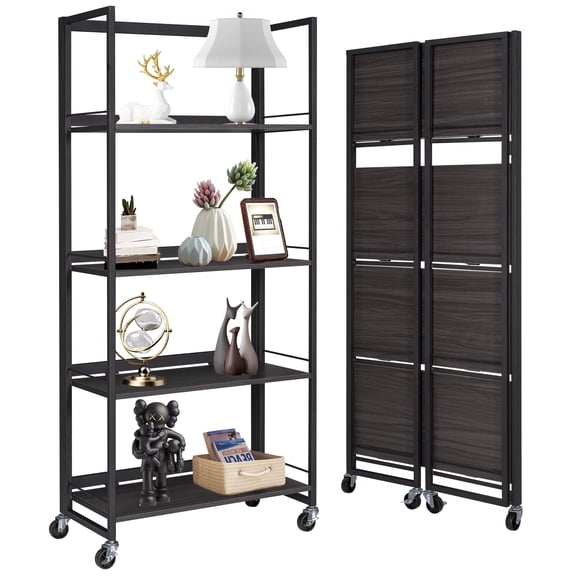 Calmwrd No-Assembly Folding Bookshelf Storage Rack Shelves with Castors 4 Tiers Vintage Bookcase Standing Racks Multifunctional Plant Flower Stand Study Organizer for Home Office (Wood)