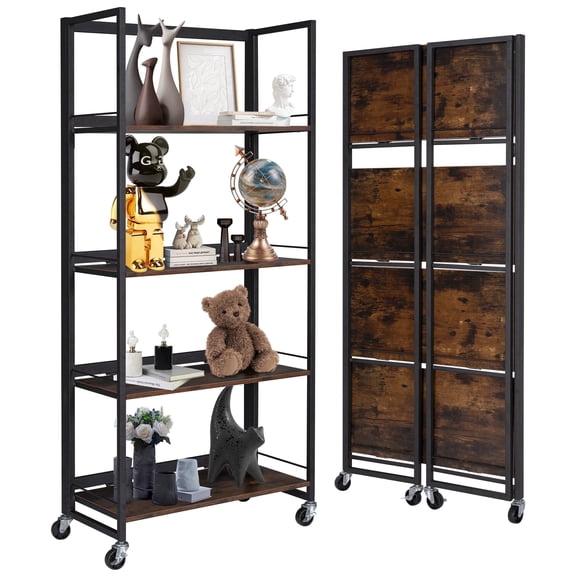 Calmwrd No-Assembly Folding Bookshelf Storage Rack Shelves with Castors 4 Tiers Vintage Bookcase Standing Racks Multifunctional Plant Flower Stand Study Organizer for Home Office (Wood,Rustic Black)