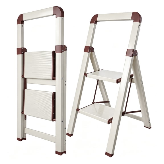 Calmwrd Step Ladder 2 Step Stool Foldable Small for Adults Kitchen Closet Aluminum Off White Portable Wide Cute Indoor & Outdoor