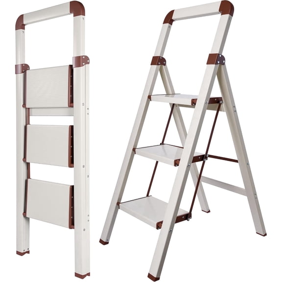 Calmwrd Step Ladder 3 Step Foldding for Adults Kitchen Closet with Handle Portable Aluminum Off White Wide Ladder