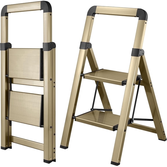 Calmwrd Step Ladder 2-Step Champagne Gold Finish Aluminum Folding Step Ladders,Anti-Slip Max 330 lbs