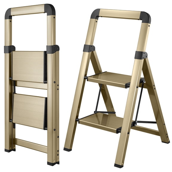 Calmwrd 2 Step Ladder Champagne Gold Finish Aluminum Small Folding Step Stools for Home & Kitchen Anti-Slip Max 330 lbs Ladder