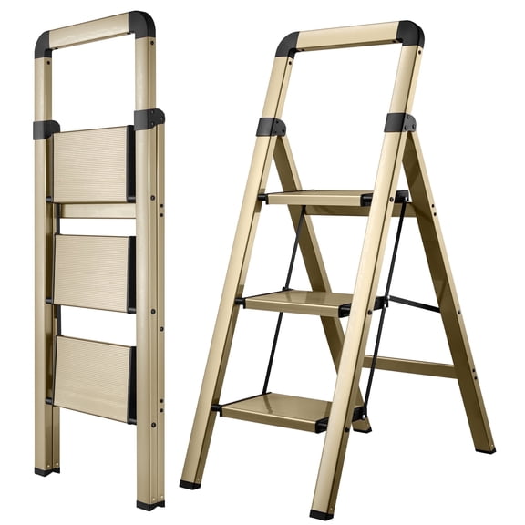 Calmwrd Step Ladder Folding 3-Step Champagne Gold Finish Aluminum Foldable Step Ladders,Anti-Slip for Home & Kitchen Office 330 lbs