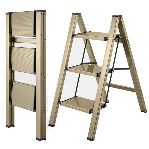 Calmwrd Step Ladder Folding 3 Step Ladders Champagne Gold Finish Aluminum,Tripod Anti-Slip for Home & Kitchen Office 330 lbs