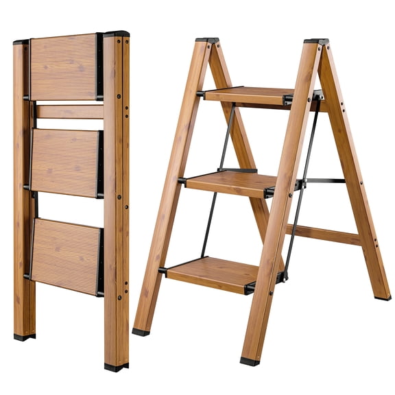 Calmwrd Step Ladder Folding 3 Step Ladders Woodgrain Finish Aluminum,Tripod Anti-Slip for Home & Kitchen Office 330 lbs