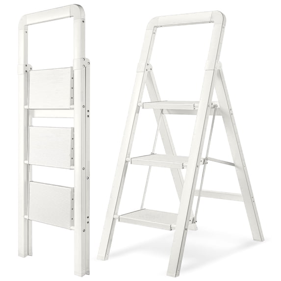 Calmwrd Step Ladder Folding 3-Step White Finish Aluminum Foldable Step Ladders,Anti-Slip for Home & Kitchen Office 330 lbs