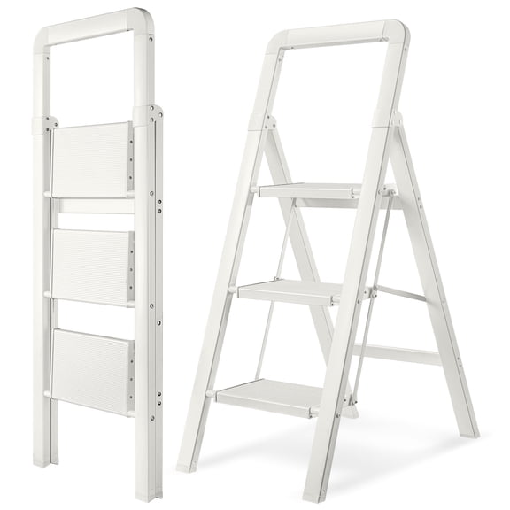 Calmwrd Step Ladder Folding 3-Step White Finish Aluminum Foldable Step Ladders,Anti-Slip for Home & Kitchen Office 330 lbs