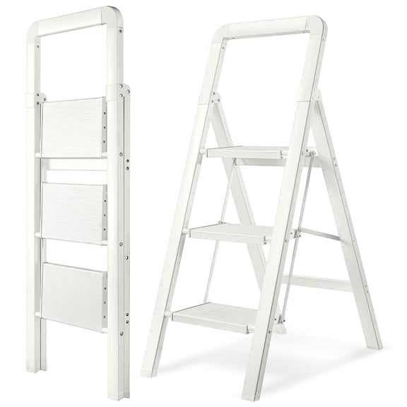 Calmwrd Step Ladder Folding 3-Step White Finish Aluminum Foldable Step Ladders,Anti-Slip for Home & Kitchen Office 330 lbs