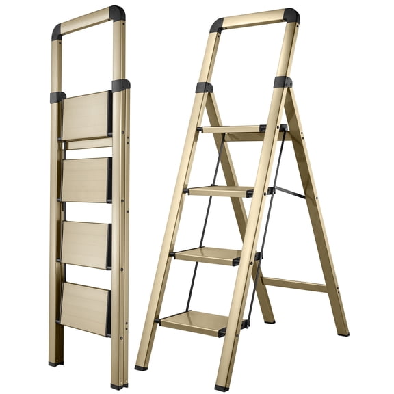 Calmwrd Step Ladder Folding 4-Step Champagne Gold Finish Aluminum Foldable Step Ladders,Anti-Slip for Home & Kitchen Office 330 lbs
