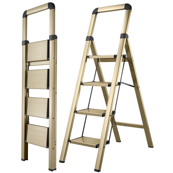 Calmwrd Step Ladder Folding 4-Step Champagne Gold Finish Aluminum Foldable Step Ladders,Anti-Slip for Home & Kitchen Office 330 lbs