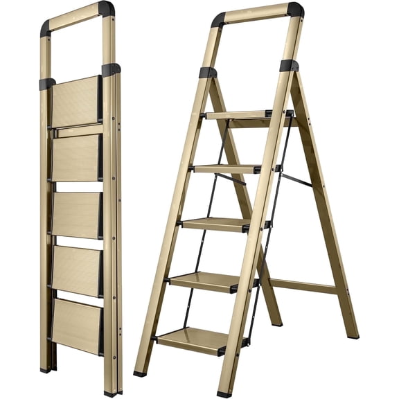 Calmwrd Step Ladder Folding 5-Step Champagne Gold Finish Aluminum Foldable Step Ladders,Anti-Slip for Home & Kitchen Office 330 lbs