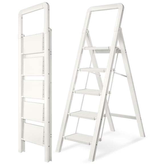 Calmwrd Step Ladder Folding 5-Step White Finish Aluminum Foldable Step Ladders,Anti-Slip for Home & Kitchen Office 330 lbs