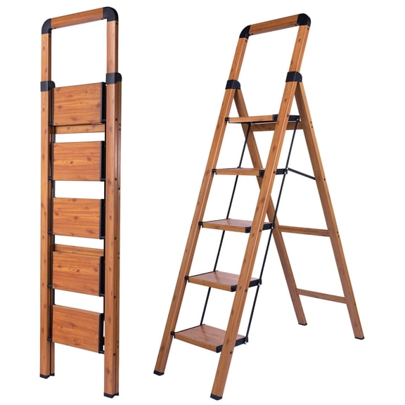Calmwrd Step Ladder Folding 5-Step Woodgrain Finish Aluminum Foldable Step Ladders,Anti-Slip for Home & Kitchen Office 330 lbs