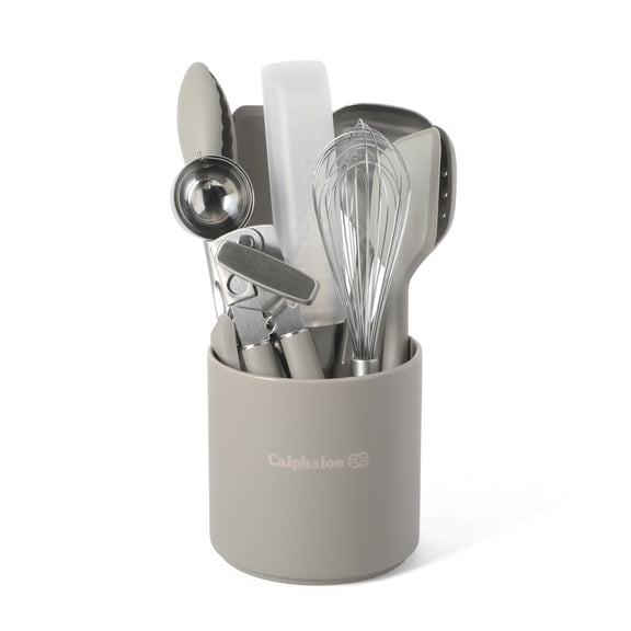 Calphalon Edge Kitchen Utensil and Gadget Set with Crock, 10-Piece Cooking Utensils, Navy, Stainless Steel and Silicone Tools and Gadget Set - Taupe