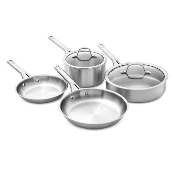 Calphalon Stainless Steel 6-Piece Cookware Set with 8" and 10" Frypans, 3-Qt Saut Pan with Lid, and 2.5-Qt Saucepan with Lid
