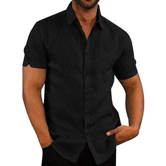 Calsunbaby Men Cotton Linen Short Sleeve Solid Shirts Casual Dress Tops Black XL