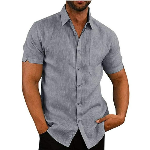 Calsunbaby Men Cotton Linen Short Sleeve Solid Shirts Casual Dress Tops Gray M
