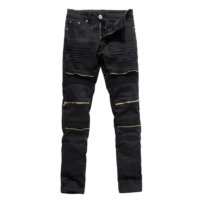 Calsunbaby Men's Distressed Ripped Biker Moto Denim Pants Slim Fit Jeans  Black 36 