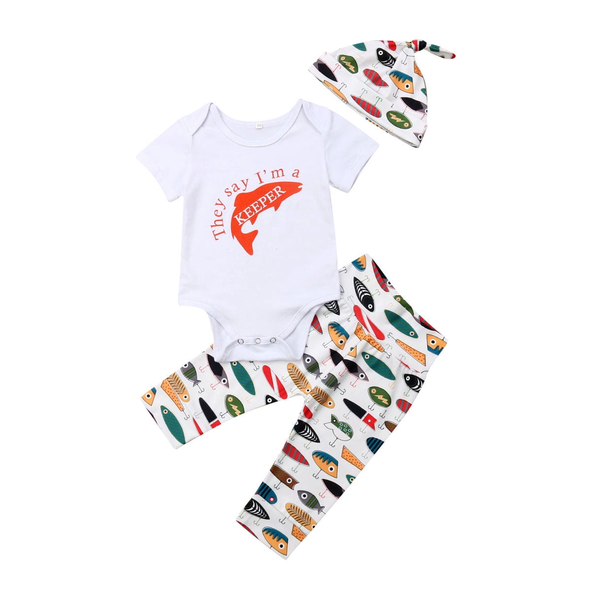 Calsunbaby Newborn Infant Baby Girls Boys Daddy's Fishing Buddy Romper  Bodysuit Fish Pants Hat 3Pcs Summer Outfit 