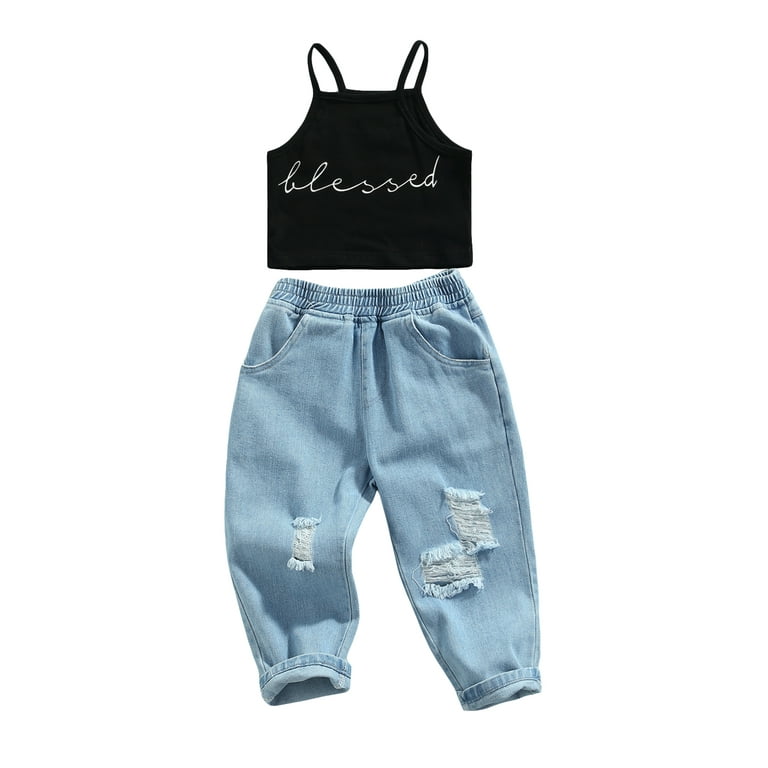Calsunbaby Toddler Baby Girls Casual Outfits Short Halter Tank Tops Ripped Jeans  Pants Summer Clothes Black 5-6 Years 