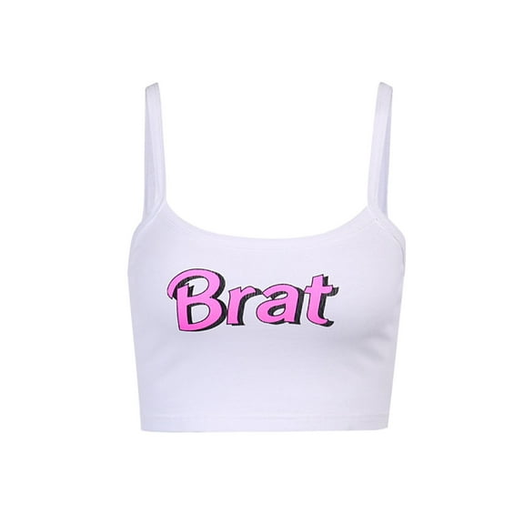Calsunbaby Women Brat Letter Square Neck Printed Tank Tops Girls Thin Spaghetti Straps Slim Camisole Crop Top