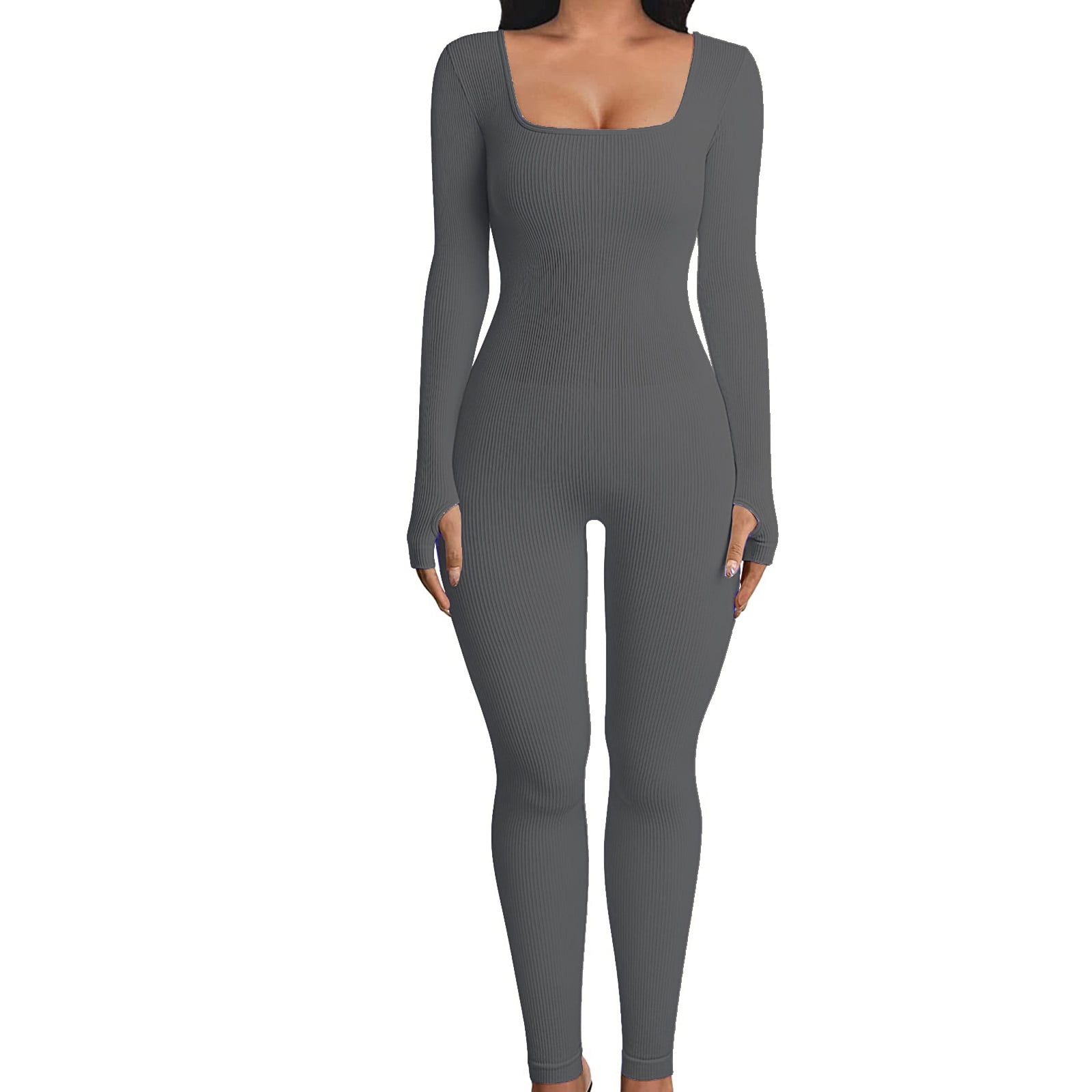 Calsunbaby Women Ribbed One Piece Jumpsuits Long Sleeve Square Neck Knit Unitard Bodycon