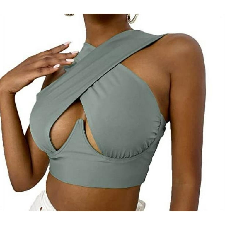 Calsunbaby Women's Criss Cross Cut Out Halter Crop Tops Bandage Wrap  Bustier Backless Tie Cami Tank Tops Light Gray 2XL