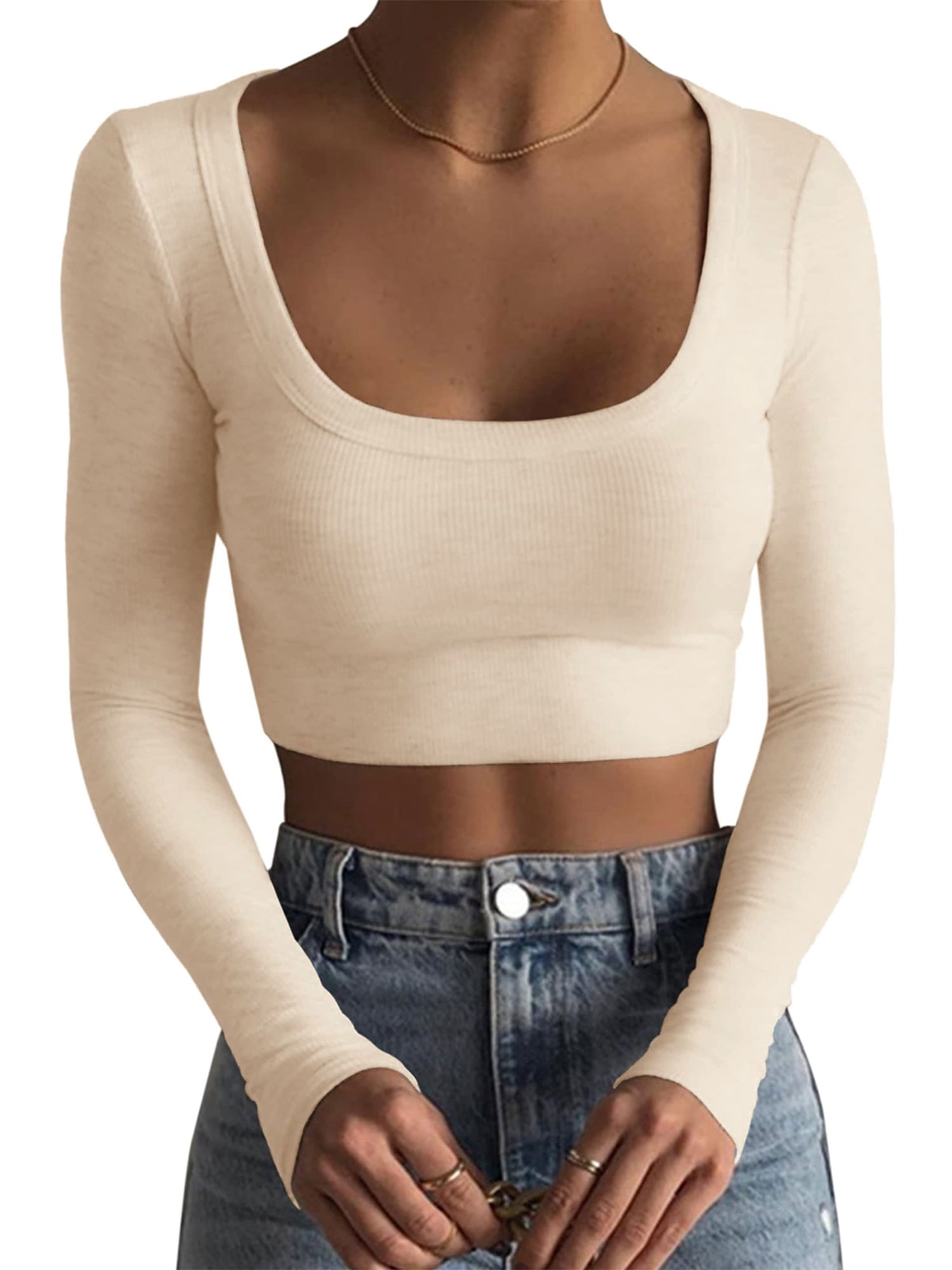 Women's Ribbed Knit Square Neck Cut Out Long Sleeve Curved Hem Cropped  Casual Sports Top - Halara