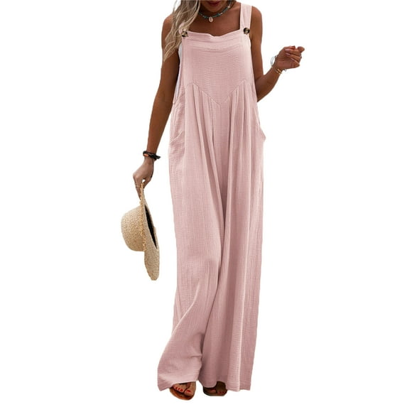 Calsunbaby Womens Solid Color Jumpsuit Casual Button Wide Leg Suspender Overalls with Pockets Female Bib Pants Pink L