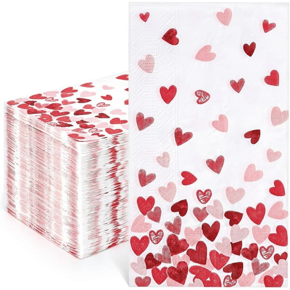 Caltero 100 PCS Valentine Day Paper Napkins, 3 Ply Pink Red Love Hearts Party Dinner Napkins, Valentine Disposable Guest Towels for Valentine’s Day Party Supplies