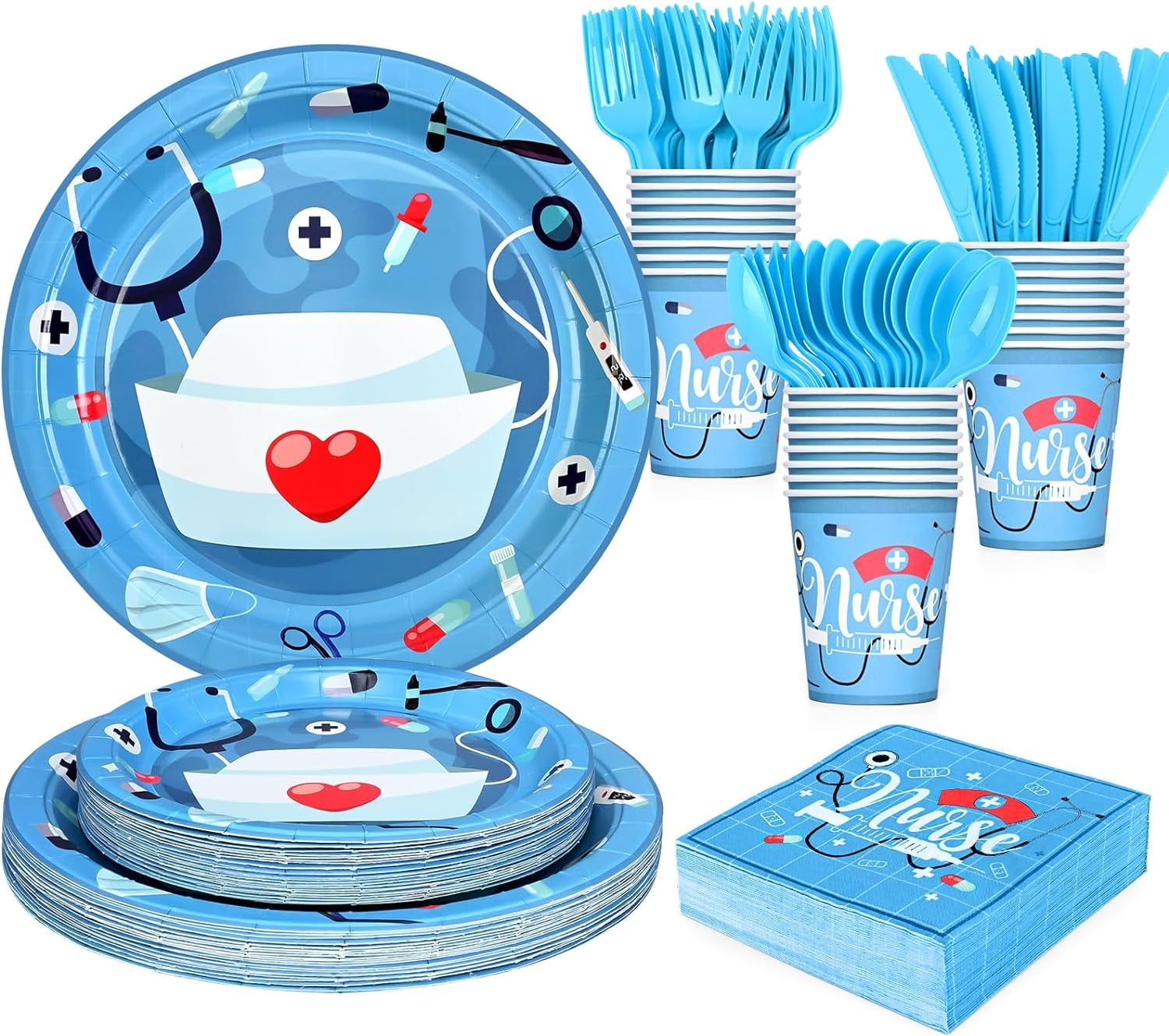 Caltero 192 PCS Nursing Graduation Paper Plates and Napkins Set, Blue Disposable Dinnerware Set Graduation Party Supplies Serves 24 Guests
