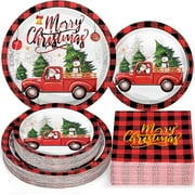 Caltero 200 PCS Christmas Plates and Napkins Serves 50 Guests, Cartoon Red Truck Christmas Tree Disposable Dinnerware Set for Winter Holiday Christmas Party Supplies