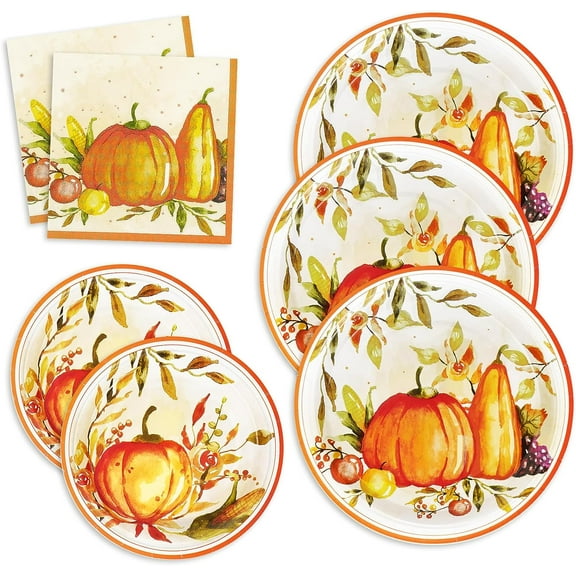 Caltero 200 PCS Fall Plates and Napkins Set Serves 50 Guests, Disposable Pumpkin Party Tableware for Autumn Harvest Thanksgiving Party Supplies