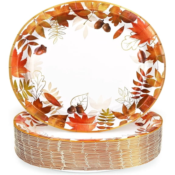 Caltero 50PCS Fall Paper Plates, Thanksgiving Disposable Large Plates for Fall Thanksgiving Holiday Party Supplies Serves 50 Guests