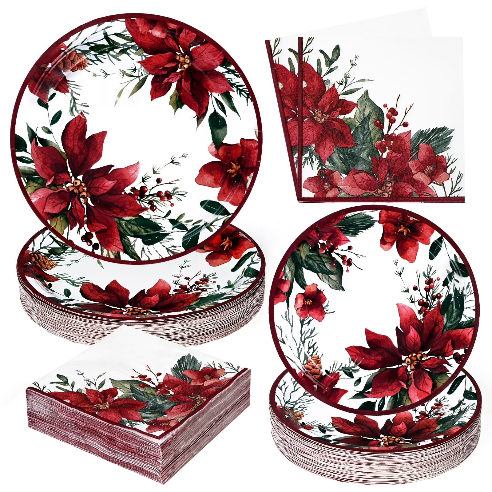 Caltero Christmas Paper Plates and Napkins Serves 50 Guests Poinsettia Themed Christmas Party