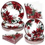 Caltero Christmas Paper Plates and Napkins Serves 50 Guests Poinsettia Themed Christmas Party Supplies 200 PCS Red Disposable Dinnerware Set for Dinner Party