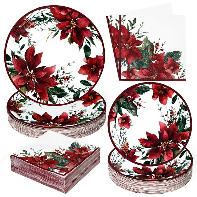 Caltero Christmas Paper Plates and Napkins Serves 50 Guests Poinsettia