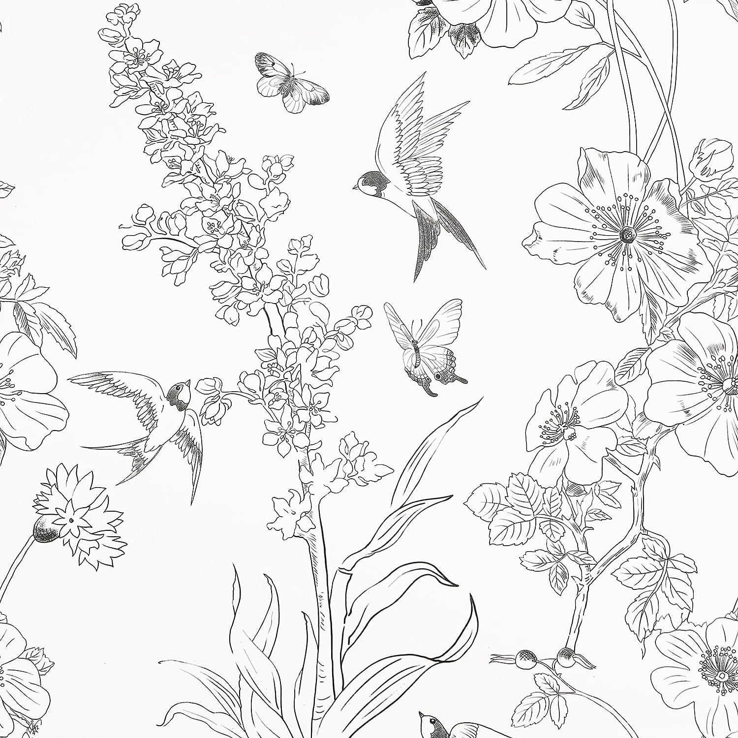 Caltero Floral Wallpaper Peel and Stick Wallpaper Black White Wallpaper Self Adhesive Removable Contact Paper,17.71" x 394"