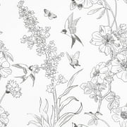 Caltero Floral Wallpaper Peel and Stick Wallpaper Black White Wallpaper Self Adhesive Removable Contact Paper,17.71" x 394"