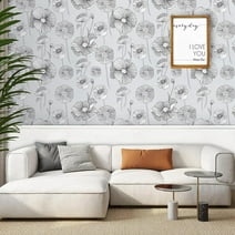 Caltero Floral Wallpaper Peel and Stick Wallpaper Grey Self Adhesive Removable Wallpaper Contact Paper,17.32" x 118"