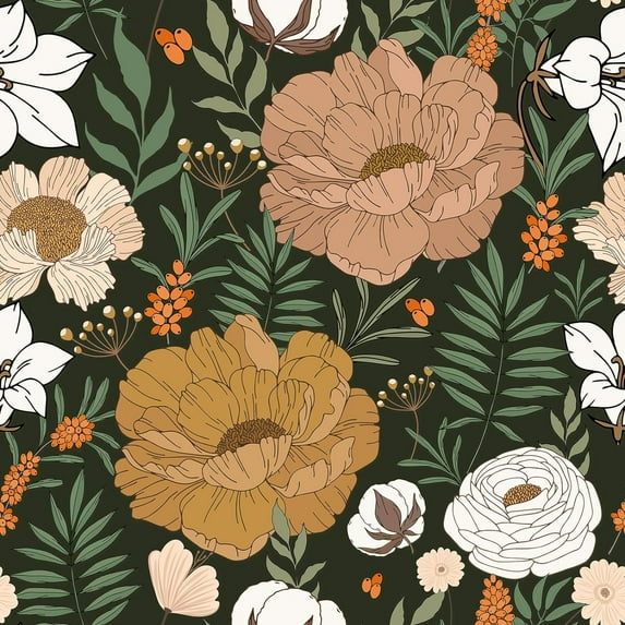 Caltero Large Floral Peel and Stick Wallpaper Vintage Floral Wallpaper Boho Floral Contact Paper Leaf Wallpaper Self Adhesive Removable Wallpaper,17.71" x 394"