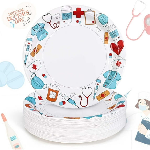 Caltero Nurse Graduation Paper Plates,10 inch Disposable Plates for Graduation Party Decoration Tableware, Nursing Doctors Graduation Party Supplies Serves 50 Guests