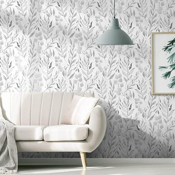 Caltero Peel and Stick Wallpaper Floral Wallpaper Gray Leaf Self Adhesive Contact Paper,17.7 in x 472 in