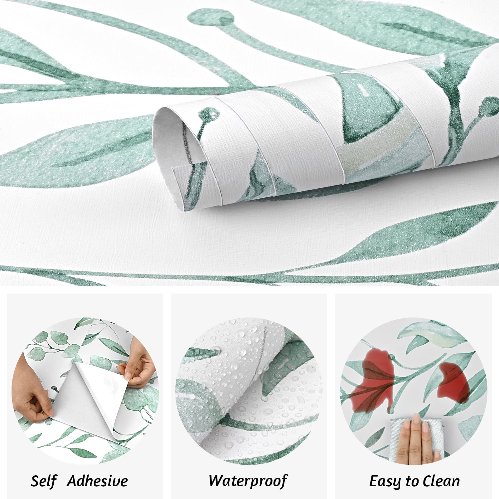 Caltero Peel and Stick Wallpaper Floral Wallpaper Green Leaf Self Adhesive Wallpaper,17.7 in x 32.8 ft